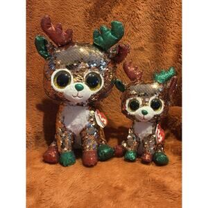 TY Christmas Flippables Sequin TEGAN Reindeer Beanie Set Of 2 Plush Holiday Chic